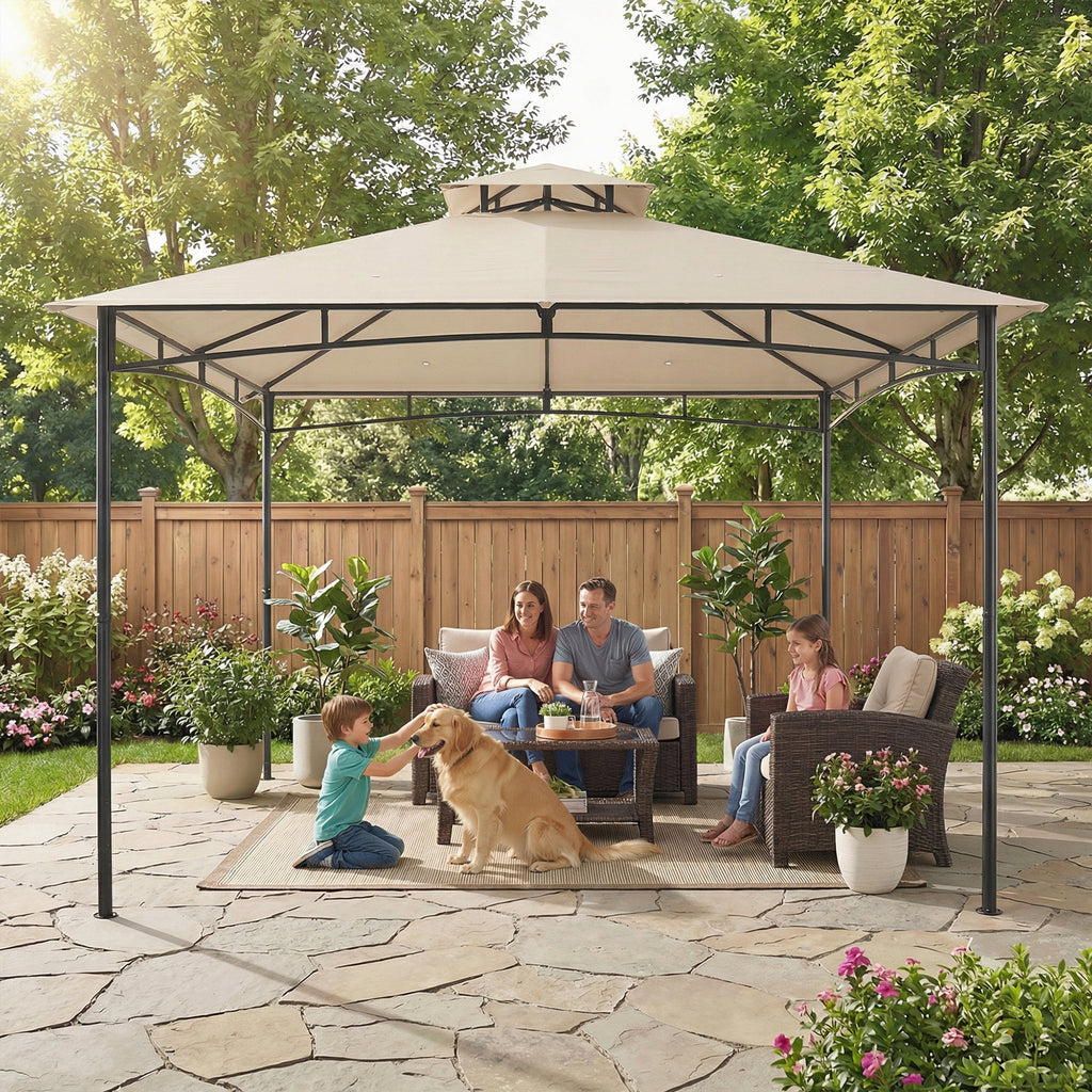 Outsunny 3 x 3 m Gazebo, Garden Gazebo with 2-Tier Roof, Metal Frame, Khaki