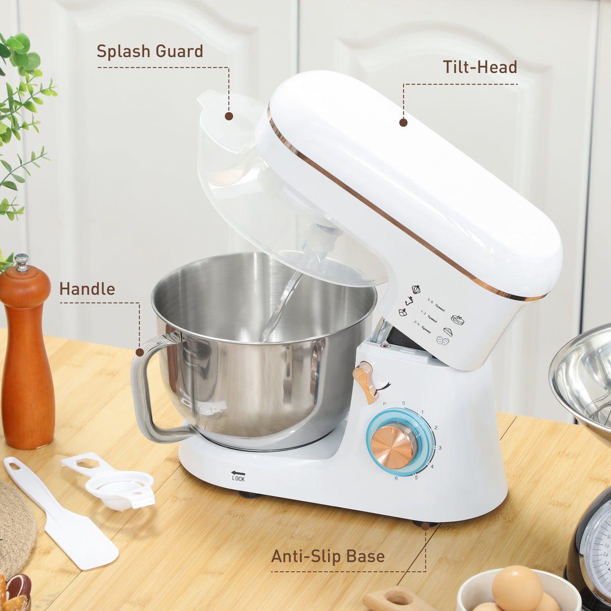 Stand Mixer, 5L Food Mixer for Baking, 6 Speeds and Pulse Setting, 1400W Cake Electric Kitchen Mixer with Dough Hook, Whisk, Stainless Steel Bowl, Splash Guard, Beater, White