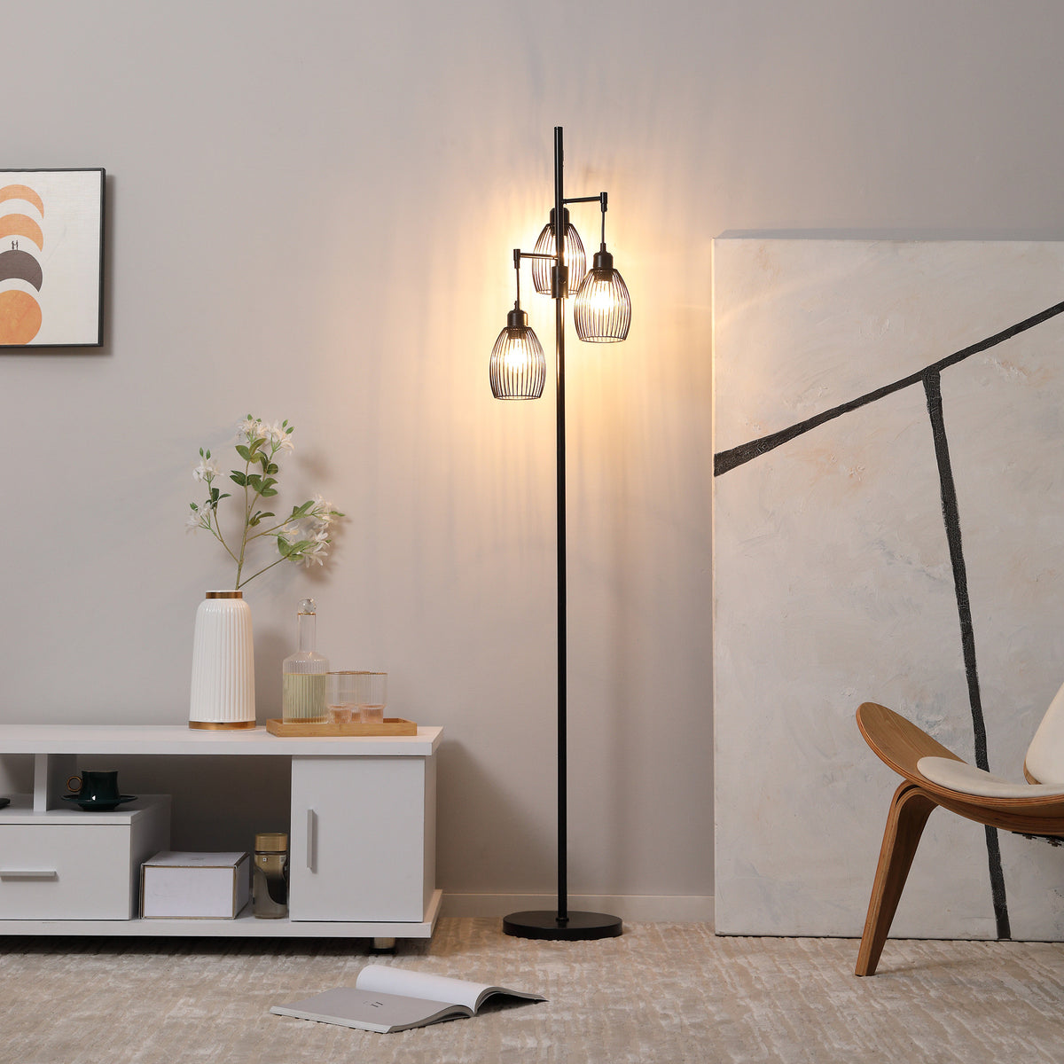 3-Light Floor Lamp, 170cm Industrial Dimmable Standing Lamp with Steel Wire Cage Lampshades for Living Room, Bedroom, Dining Room, Study, Bulb Not Included, Black
