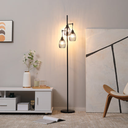3-Light Floor Lamp, 170cm Industrial Dimmable Standing Lamp with Steel Wire Cage Lampshades for Living Room, Bedroom, Dining Room, Study, Bulb Not Included, Black