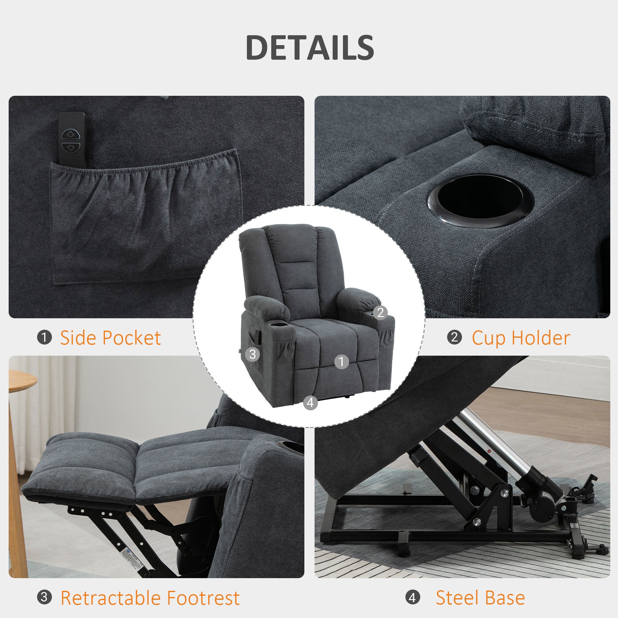 HOMCOM Electric Riser Recliner Armchair? Oversized Chair with Cup Holder & Side Pockets for Elderly in Living Room, Charcoal Grey