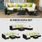Outsunny 8 Pieces PE Rattan Corner Sofa Set, Outdoor Garden Furniture Set, Patio Wicker Sofa Seater w/ Cushion, Washable Cushion Cover & Tempered Glass Table, Khaki