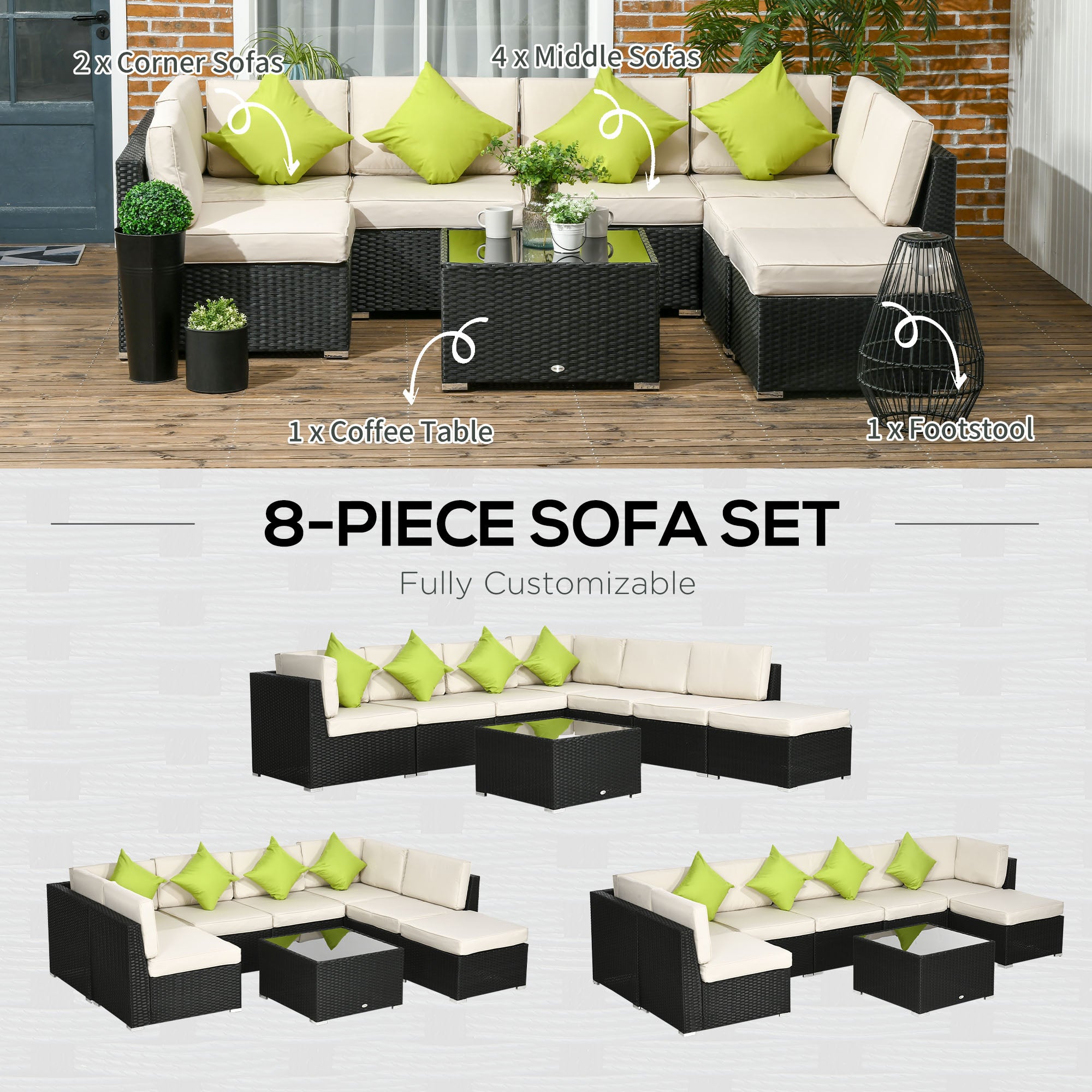Outsunny 8 Pieces PE Rattan Corner Sofa Set, Outdoor Garden Furniture Set, Patio Wicker Sofa Seater w/ Cushion, Washable Cushion Cover & Tempered Glass Table, Khaki
