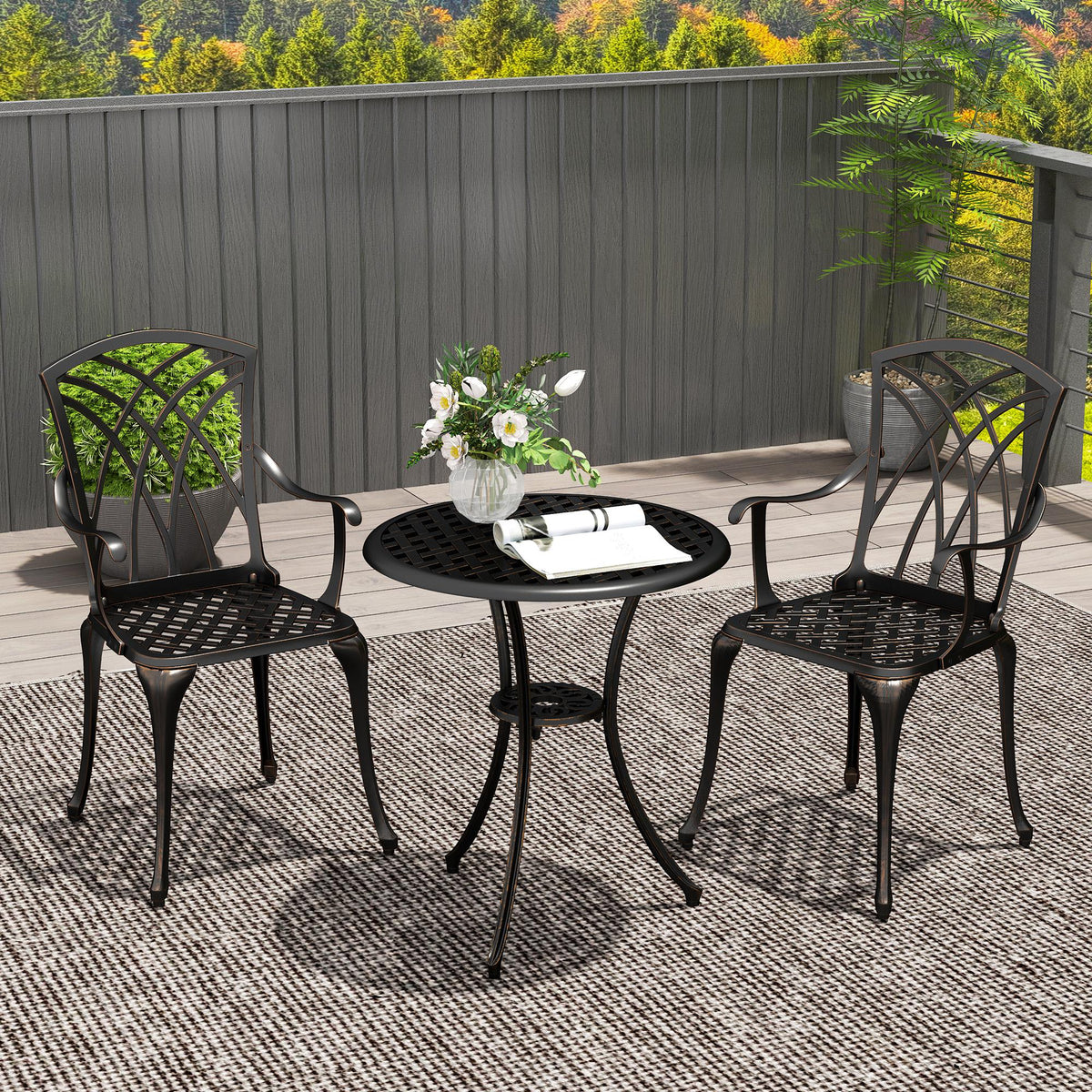 Outsunny 3 Pieces Garden Dining Set for 2, Cast Aluminium Outdoor Dining Set with 2 Armchairs and Round Dining Table with Parasol Hole, Garden Furniture Bistro Set, Bronze Tone