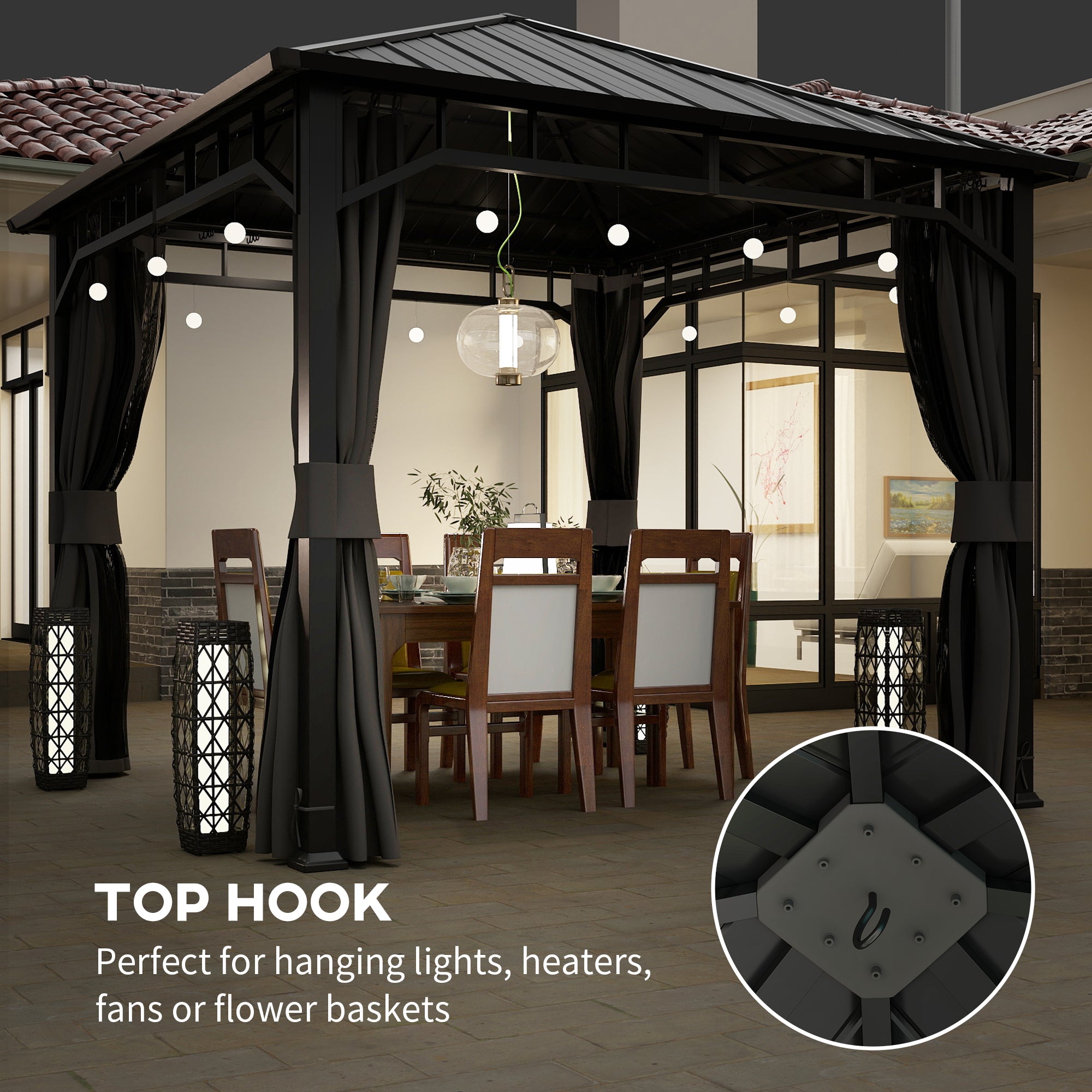 Outsunny 3 x 3(m) Hardtop Gazebo with Galvanised Steel Roof, Waterproof Permanent Pavilion Garden Gazebo with Netting and Curtains for Patio, Deck