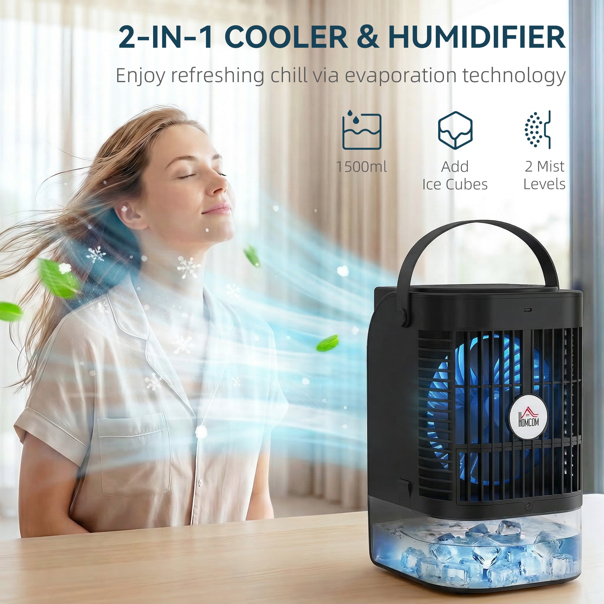 Portable Air Conditioner, 4-in-1 Mini Air Cooler with 4 Wind Speed, 2 Cool Mist, RGB 7 LED Light, Black