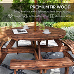 Outsunny Wooden Garden Dining Set, 8 Seater Patio Furniture Set with Round Picnic Table, Parasol Hole for Outdoor Garden, Tan