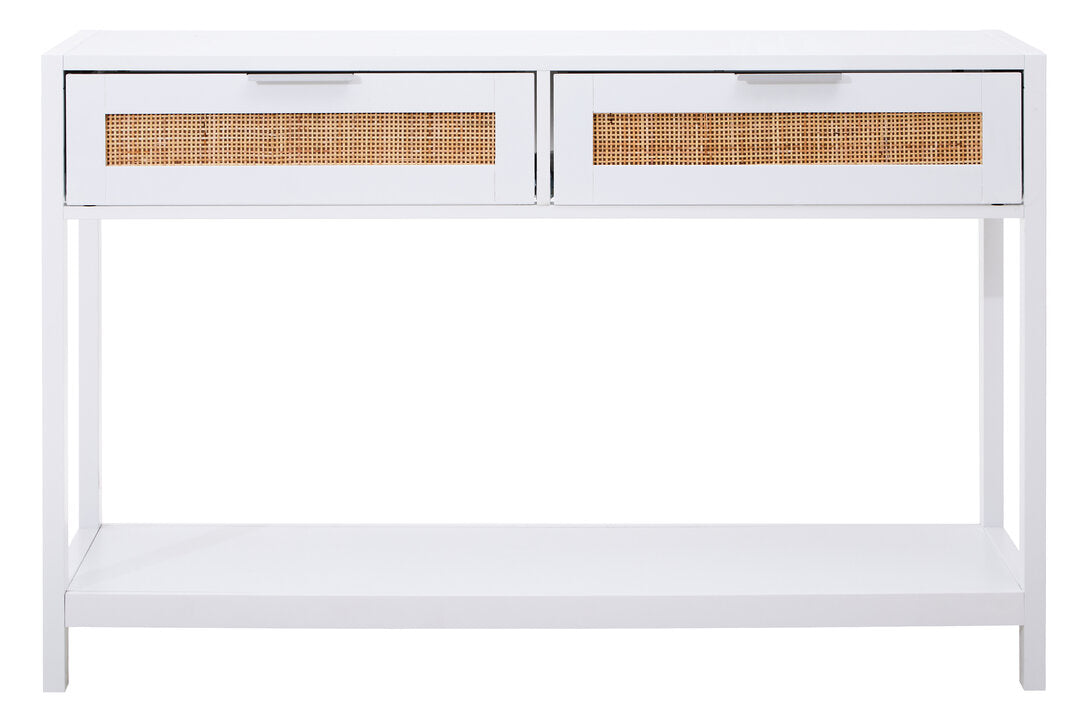 Shaniya White Wood and Rattan Two Drawer Console Table