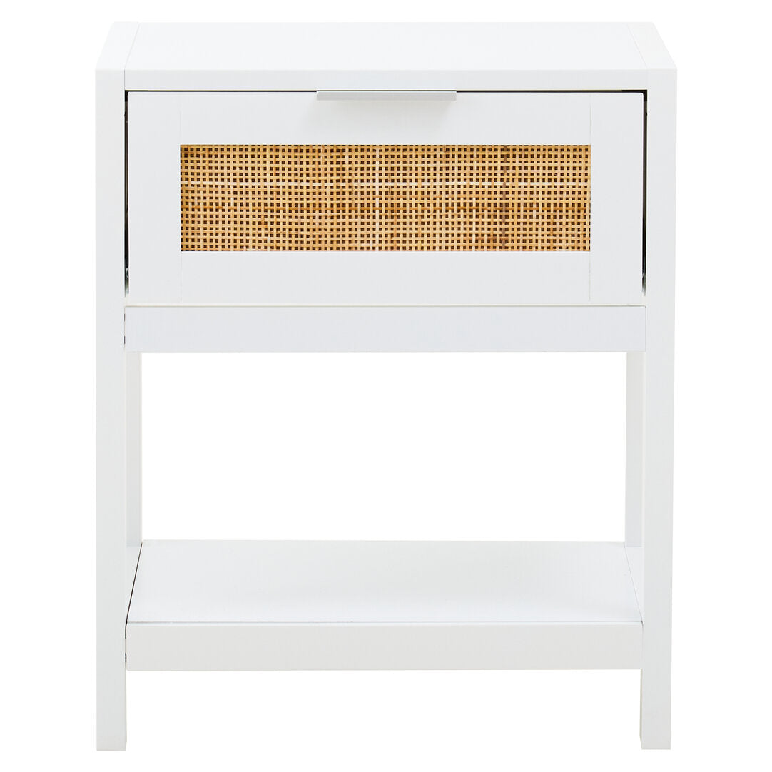 Shaniya White Wood and Rattan One Drawer Side Table