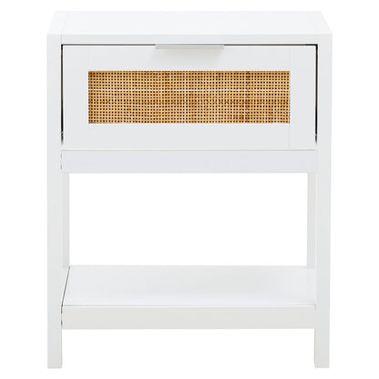 Shaniya White Wood and Rattan One Drawer Side Table