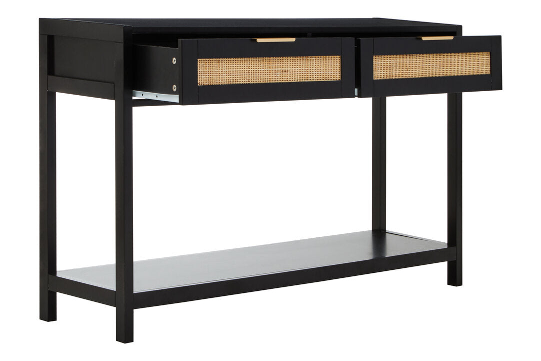 Shaniya Black Wood and Rattan Two Drawer Console Table
