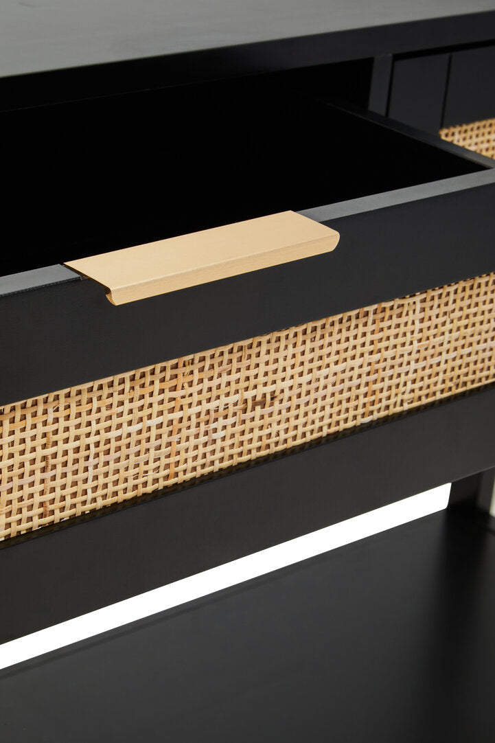 Shaniya Black Wood and Rattan Two Drawer Console Table