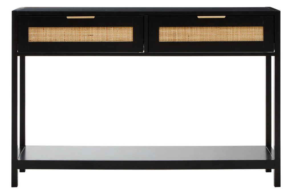 Shaniya Black Wood and Rattan Two Drawer Console Table