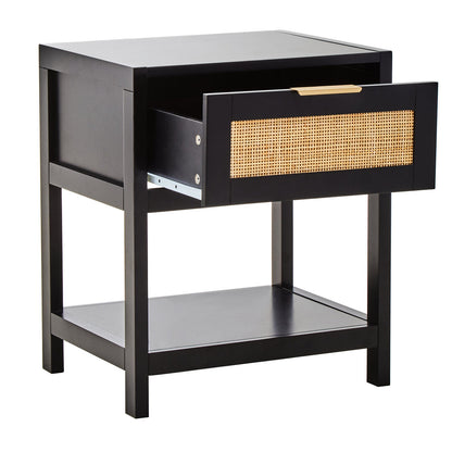Shaniya Black Wood and Natural Rattan One Drawer Bedside Table