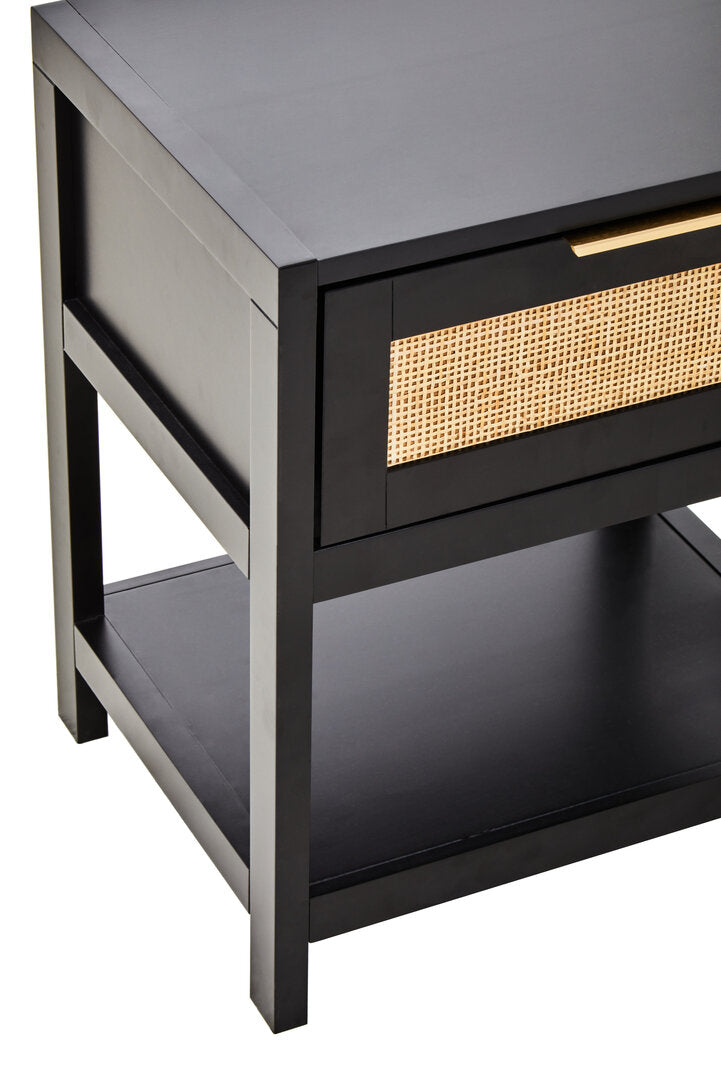 Shaniya Black Wood and Natural Rattan One Drawer Bedside Table