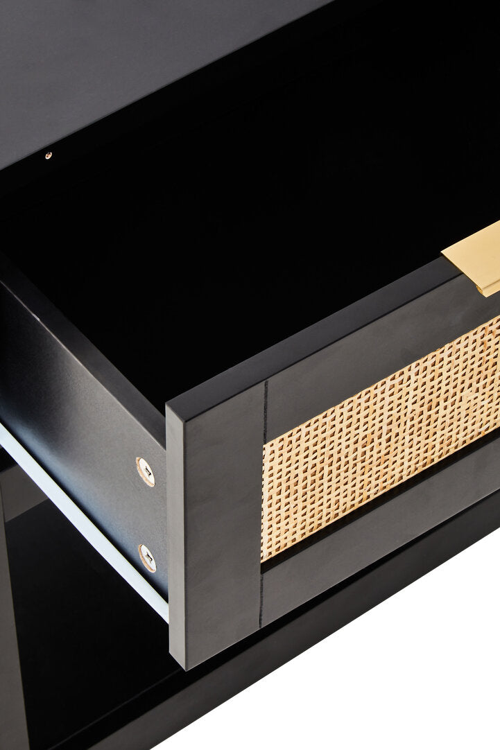 Shaniya Black Wood and Natural Rattan One Drawer Bedside Table