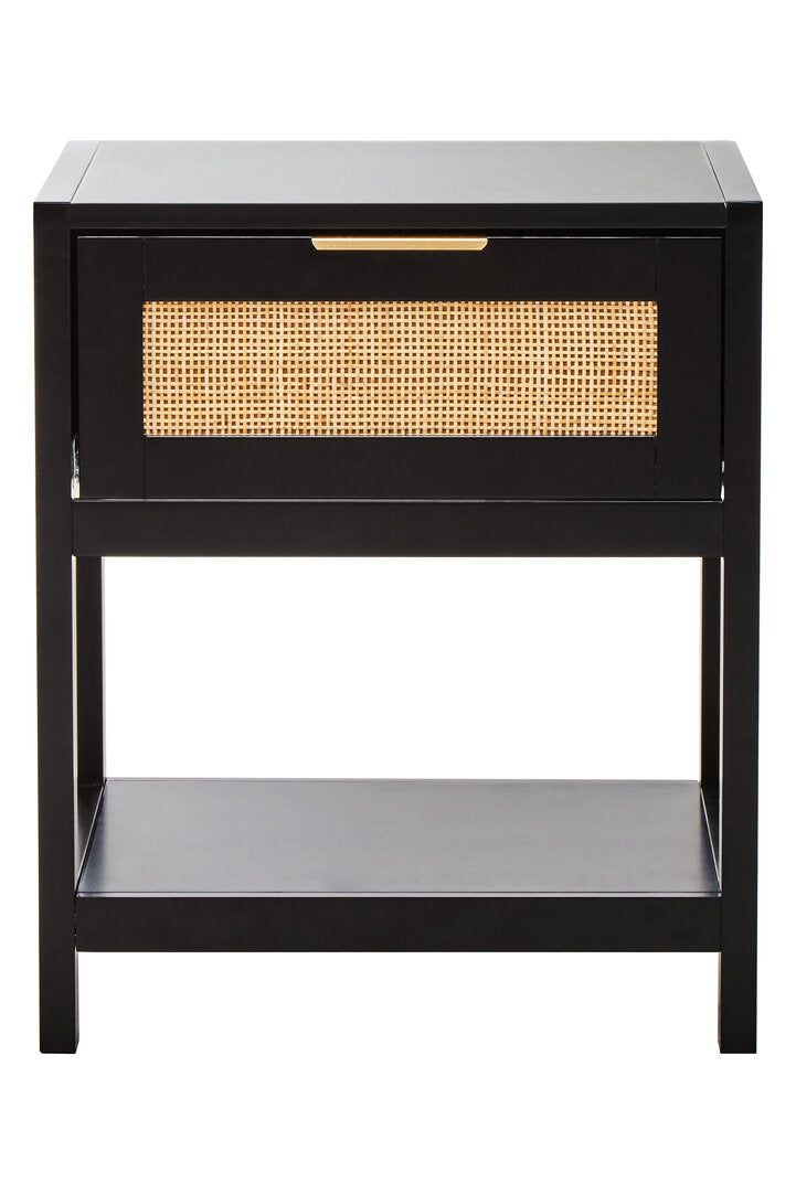 Shaniya Black Wood and Natural Rattan One Drawer Bedside Table