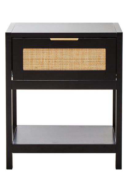 Shaniya Black Wood and Natural Rattan One Drawer Bedside Table