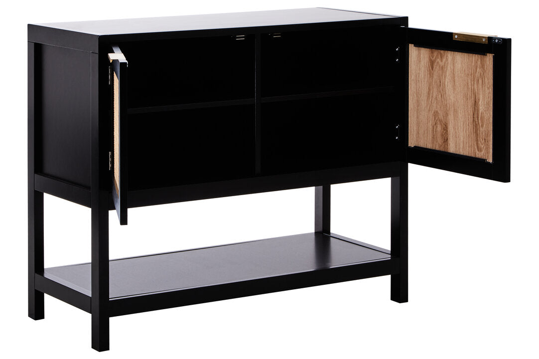 Shaniya Black Wood and Rattan Two Door Side Cabinet