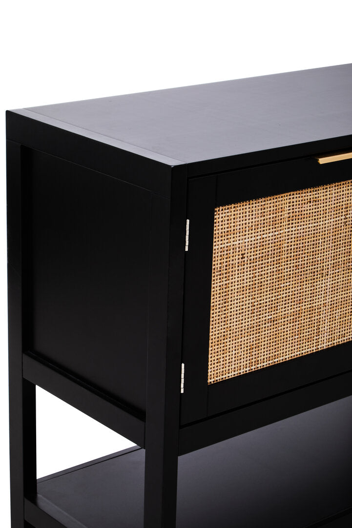 Shaniya Black Wood and Rattan Two Door Side Cabinet