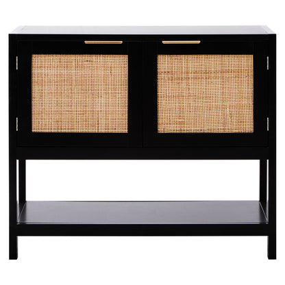 Shaniya Black Wood and Rattan Two Door Side Cabinet