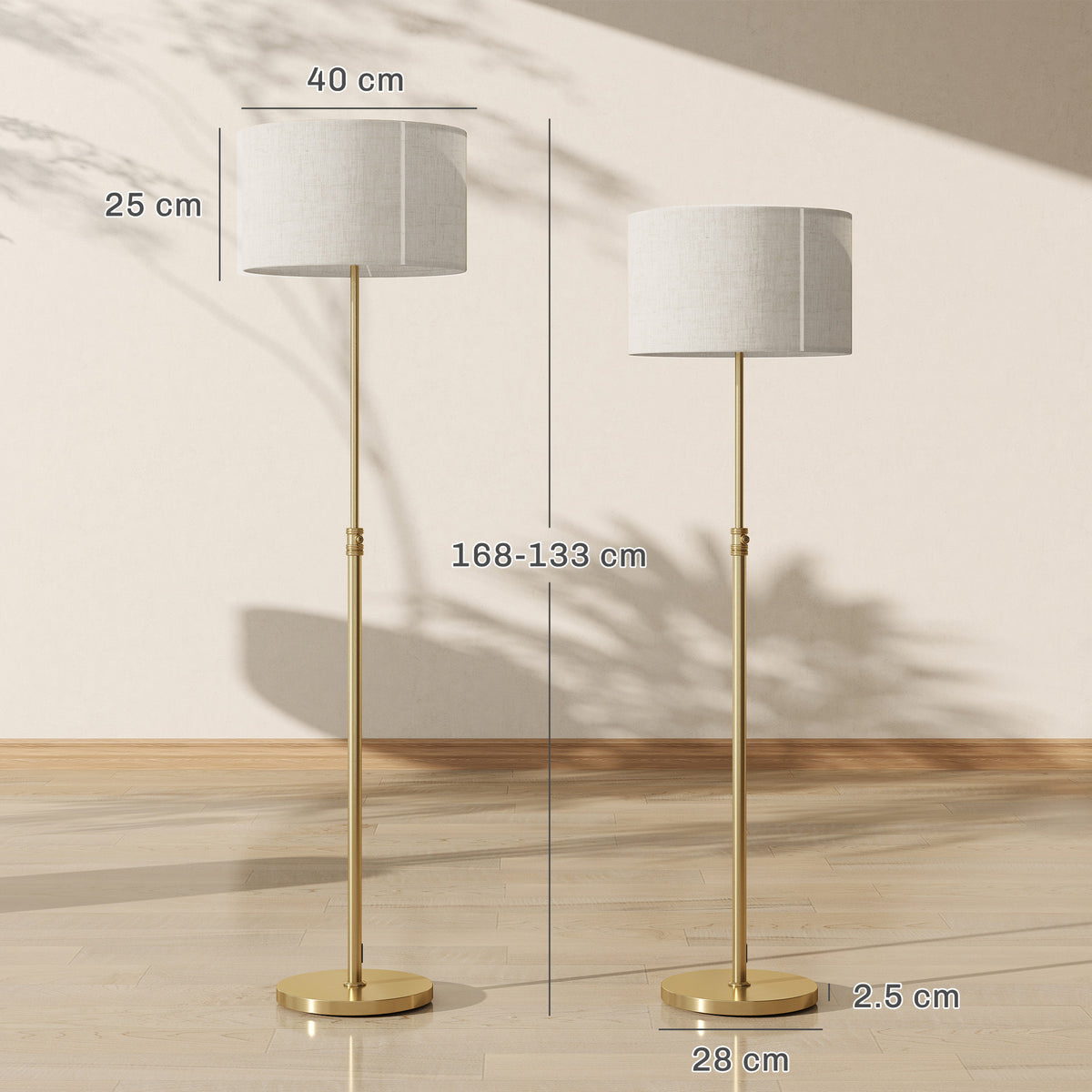 Floor Lamp with Remote, Height Adjustable Standing Lamp with Linen Shade, Dimmable with 3000K-6000K Adjustable Colour Temperatures, Foot Switch for Living Room Bedroom Office, Gold Tone