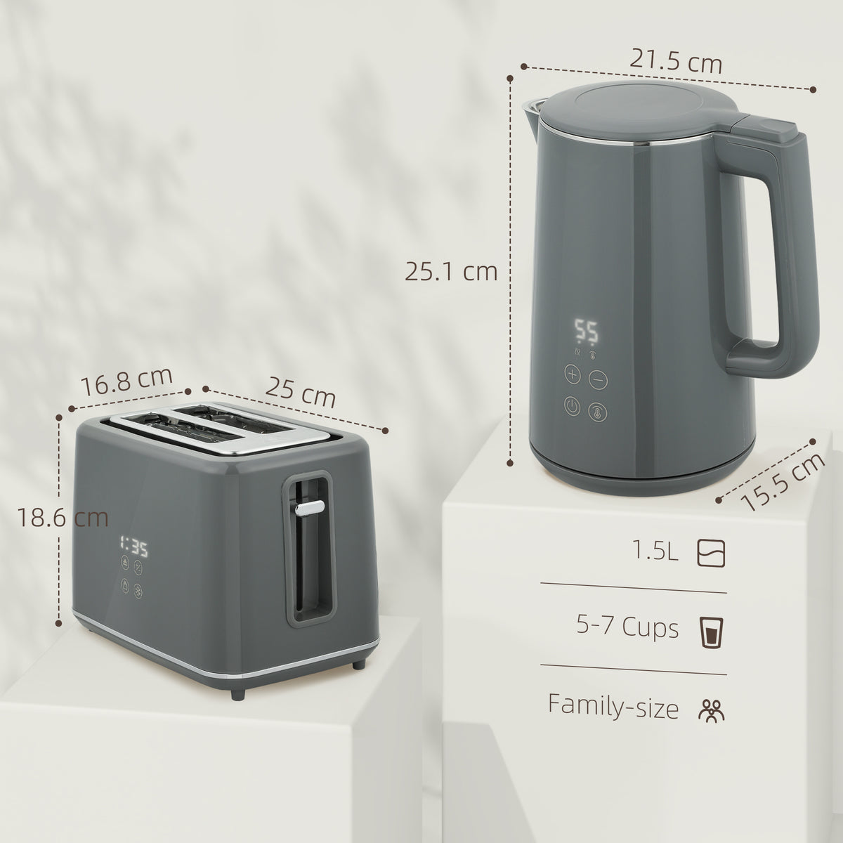 Digital Stainless Steel Kettle and Toaster Set, 1.5L 3000W Fast Boil Kettle, 2 Slice Toaster with 7 Level Browning Controls, Defrost, Reheat, Keep Warm, Crumb Tray and LED Touch Display, Grey