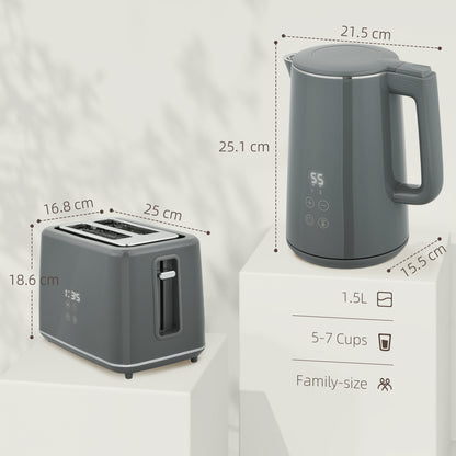 Digital Stainless Steel Kettle and Toaster Set, 1.5L 3000W Fast Boil Kettle, 2 Slice Toaster with 7 Level Browning Controls, Defrost, Reheat, Keep Warm, Crumb Tray and LED Touch Display, Grey
