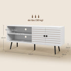 TV Stand with Cupboard, Open Shelves, Striped Doors, Wooden legs, White
