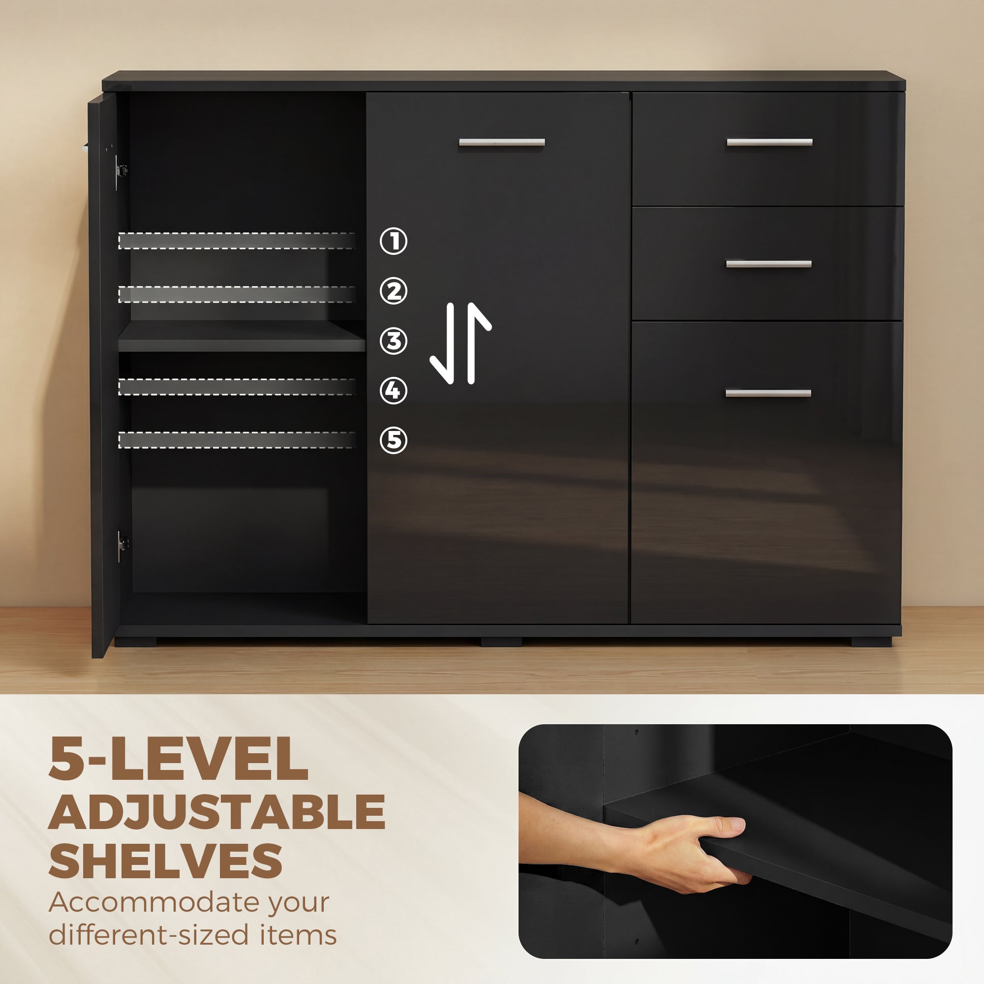HOMCOM Sideboard, Modern Storage Cabinet with 2 Drawers, 3 Doors and Adjustable Shelves, High Gloss Black
