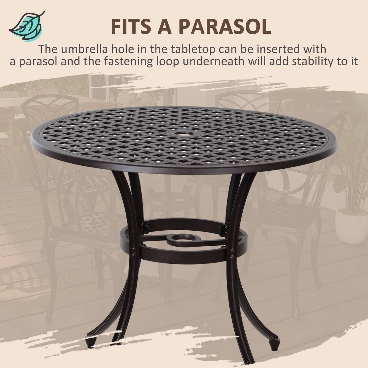 Outsunny 5 Pieces Garden Dining Set for 4, Cast Aluminium Outdoor Dining Set with 4 Armchairs and Round Dining Table with Parasol Hole, Garden Furniture Bistro Set, Brown