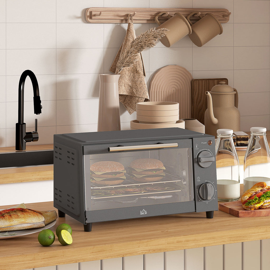Mini Oven, 9L Countertop Electric Grill, Toaster Oven with Adjustable Temperature, Timer, Dishwasher Safe Baking Tray and Wire Rack, 750W, Grey