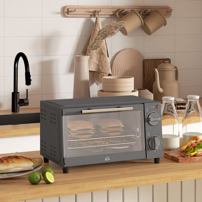 Mini Oven, 9L Countertop Electric Grill, Toaster Oven with Adjustable Temperature, Timer, Dishwasher Safe Baking Tray and Wire Rack, 750W, Grey