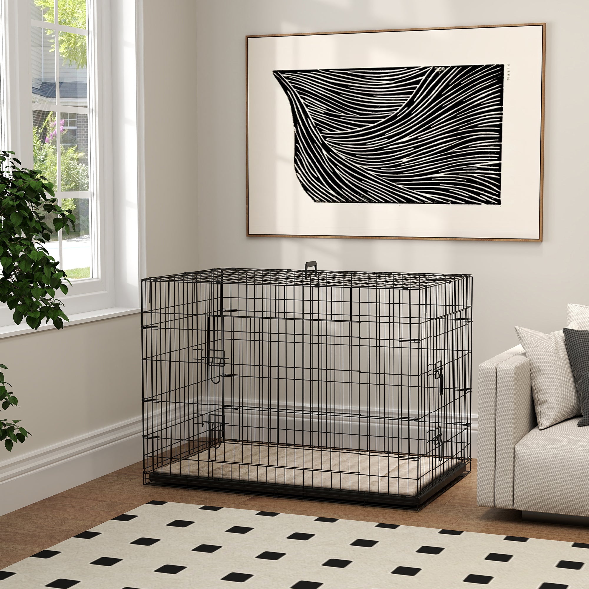 PawHut Foldable Dog Crate with 2 Doors with Tray, Soft Cushion, for Extra and Large Dogs, 106 x 71.5 x 76 cm, Black