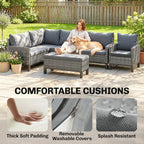Outsunny 9 Seater Rattan Garden Furniture Corner Sofa Set, Outdoor Dining Set with Faux Wood Table, Ottoman, Cushions, Dark Grey