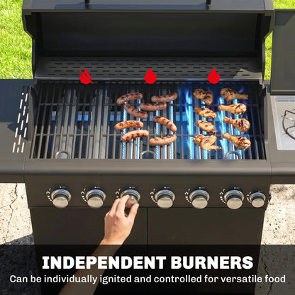 Outsunny 6+1 Burner Gas BBQ Grill, Outdoor Barbecue Trolley with Wheels, Warming Rack, Thermometer, Bottle Opener, Black