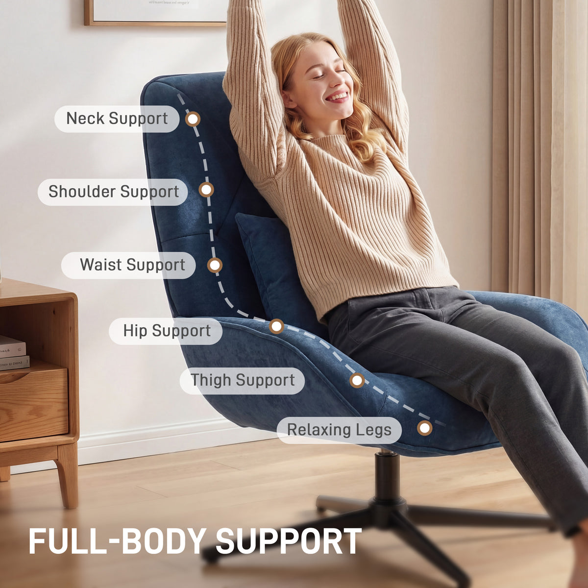Accent Chair, Chenille Upholstered Swivel Armchair with Lumbar Pillow, High Back, Deep Seat and Metal Legs, Dark Blue
