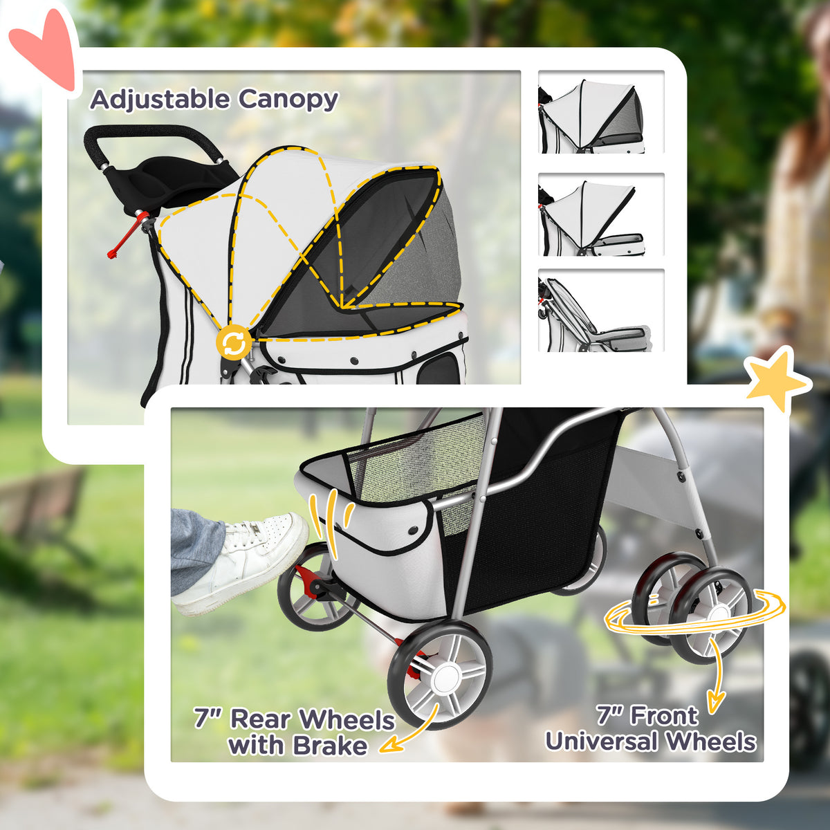 PawHut Dog Pram, Pet Stroller with Reflective Strips, Foldable Cat Stroller with 360° Swivel Wheels, Grey