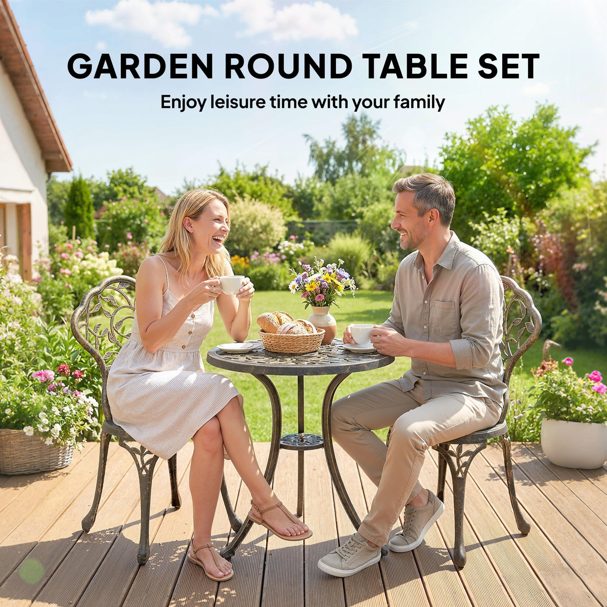Outsunny 3 Pcs Aluminium Bistro Set Garden Furniture Dining Table Chairs Outdoor Seat Patio Seater Brown