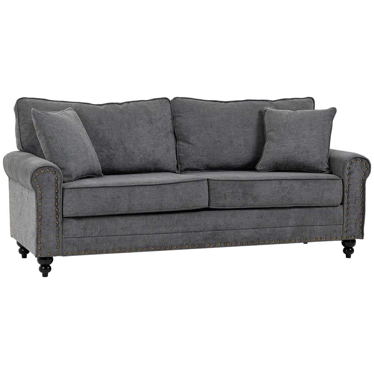 196cm 3 Seater Sofa, Fabric Sofa with Rubber Wood Legs, Nailhead Trim, 2 Pillows, Small Upholstered Couch Settee for Living Room, Guest Room, Grey