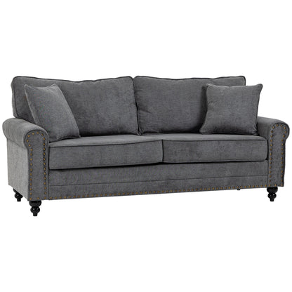 196cm 3 Seater Sofa, Fabric Sofa with Rubber Wood Legs, Nailhead Trim, 2 Pillows, Small Upholstered Couch Settee for Living Room, Guest Room, Grey