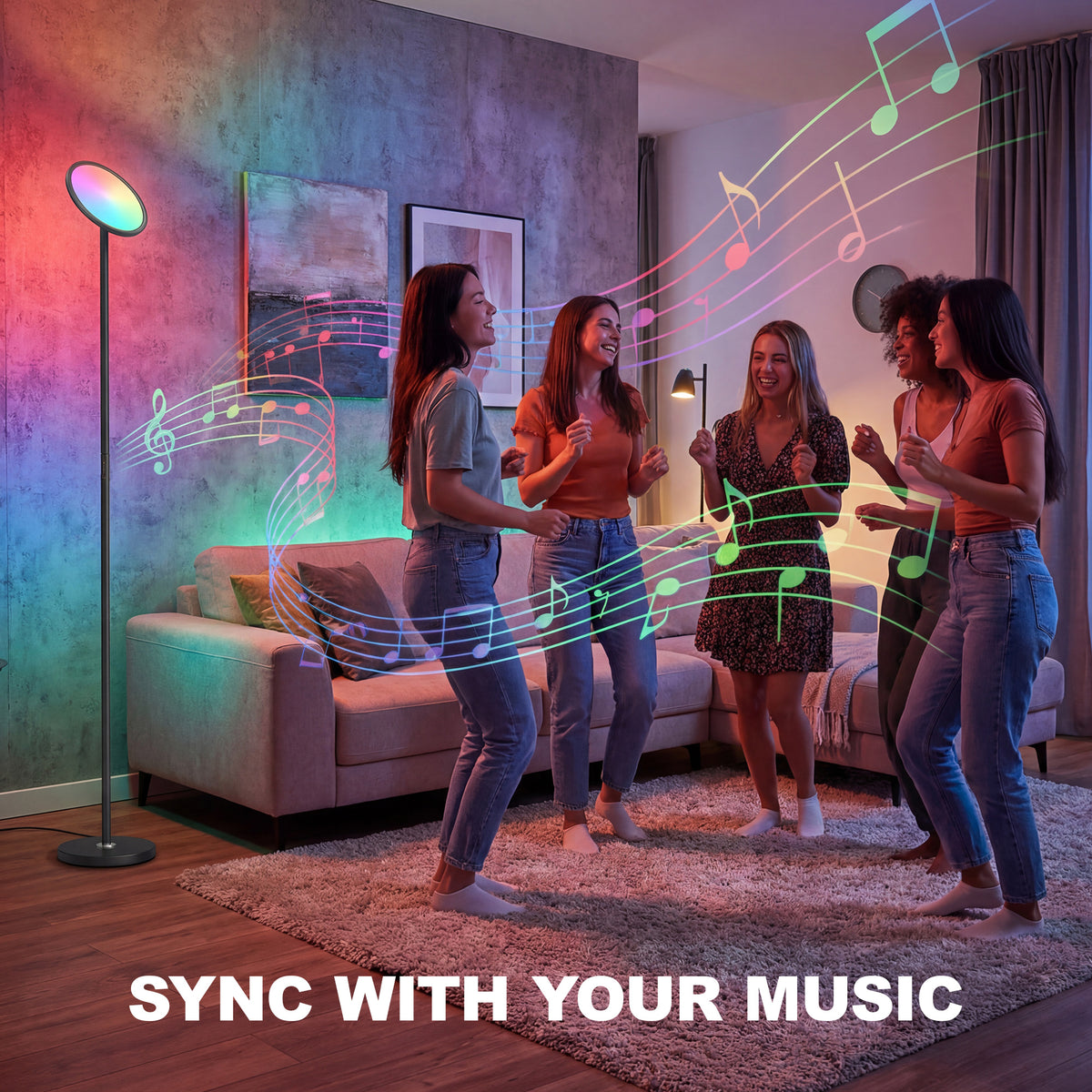 Uplighter Floor Lamp with Tuya App and Music Sync, Standing Lamp with Adjustable Head for Living Room Bedroom, Black