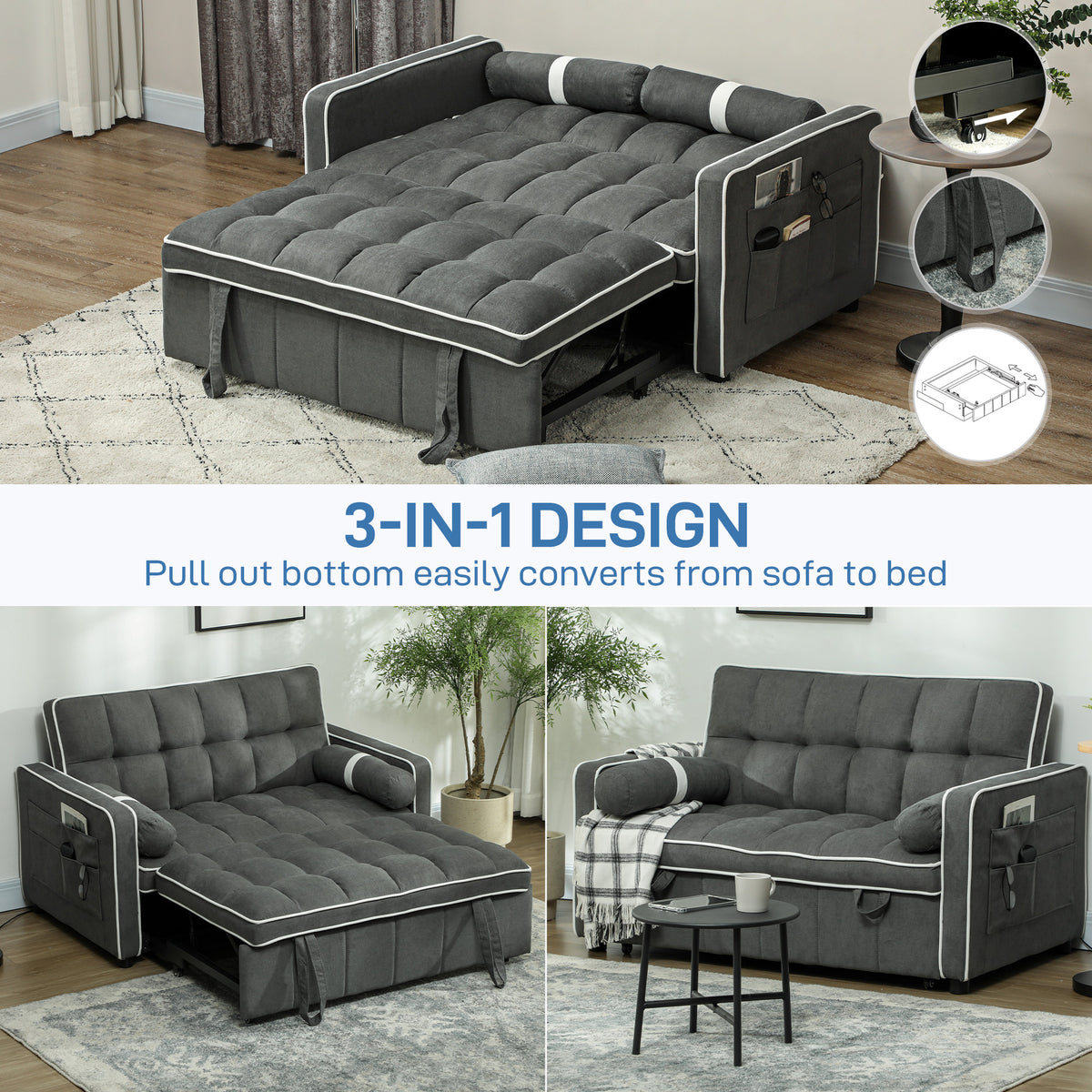 Two-Seater Linen-Look Sofa Bed - Charcoal Grey