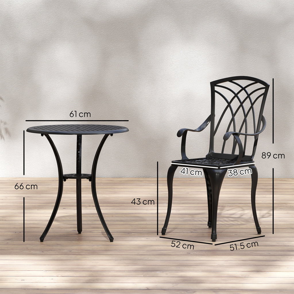 Outsunny 3 Pieces Garden Dining Set for 2, Cast Aluminium Outdoor Dining Set with 2 Armchairs and Round Dining Table with Parasol Hole, Garden Furniture Bistro Set, Brown