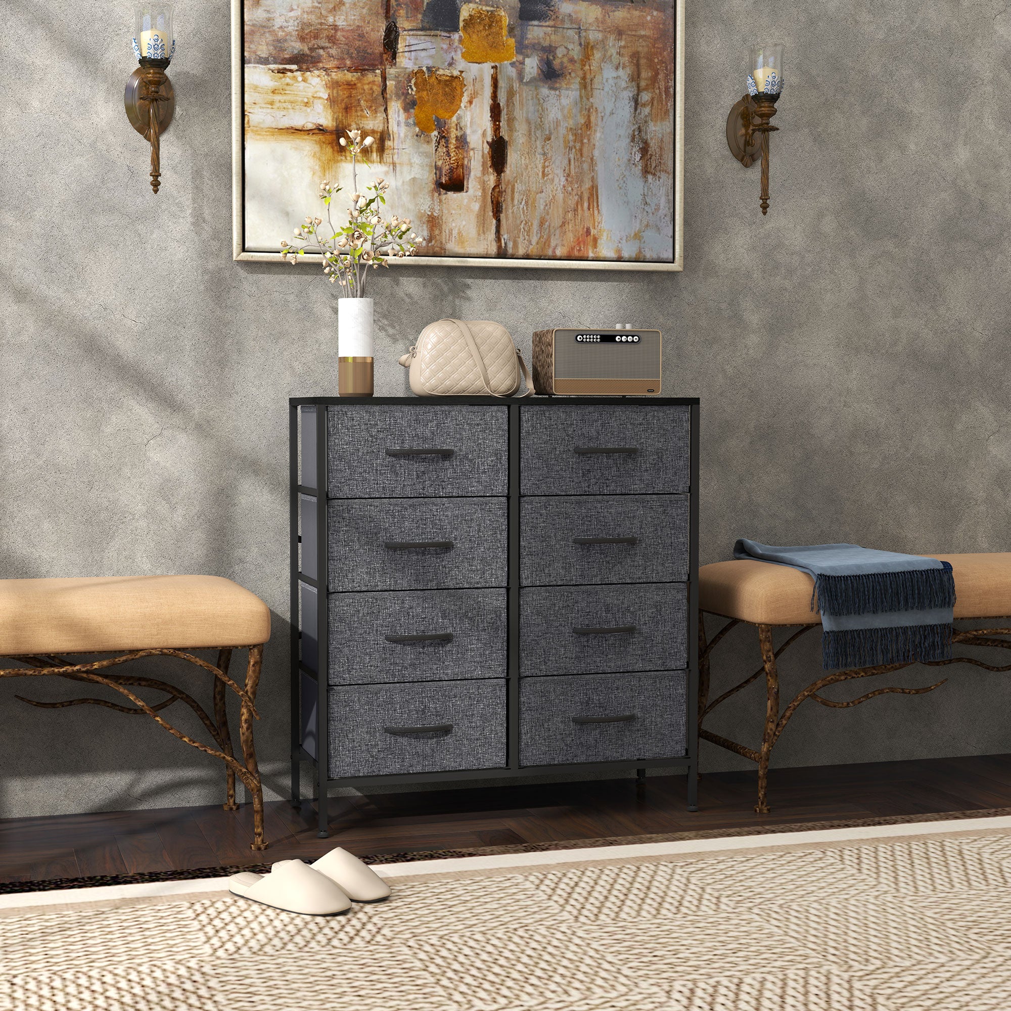 HOMCOM Fabric Chest of Drawers, Industrial Bedroom Dresser with 8 Fabric Drawers, Steel Frame and Wooden Top for Nursery, Living Room, Hallway, Black
