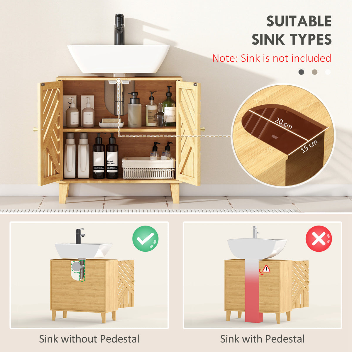 Bamboo Bathroom Under Sink Cabinet with Adjustable Shelf for Basin without Pedestal - Natural