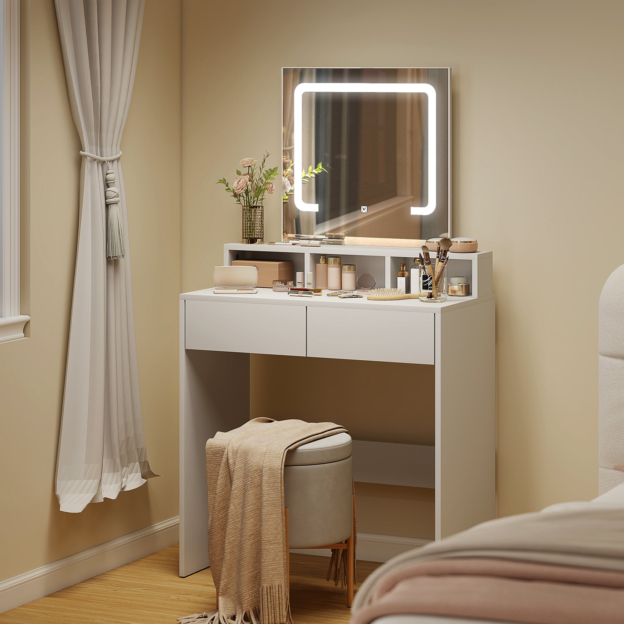 HOMCOM Storage Dressing Table, with LED Light Mirror - White