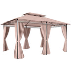 Outsunny 4m x 3(m)Garden Gazebo, Double Roof Outdoor Gazebo Canopy Shelter with Curtains, Solid Steel Frame for Patio, Garden, Brown