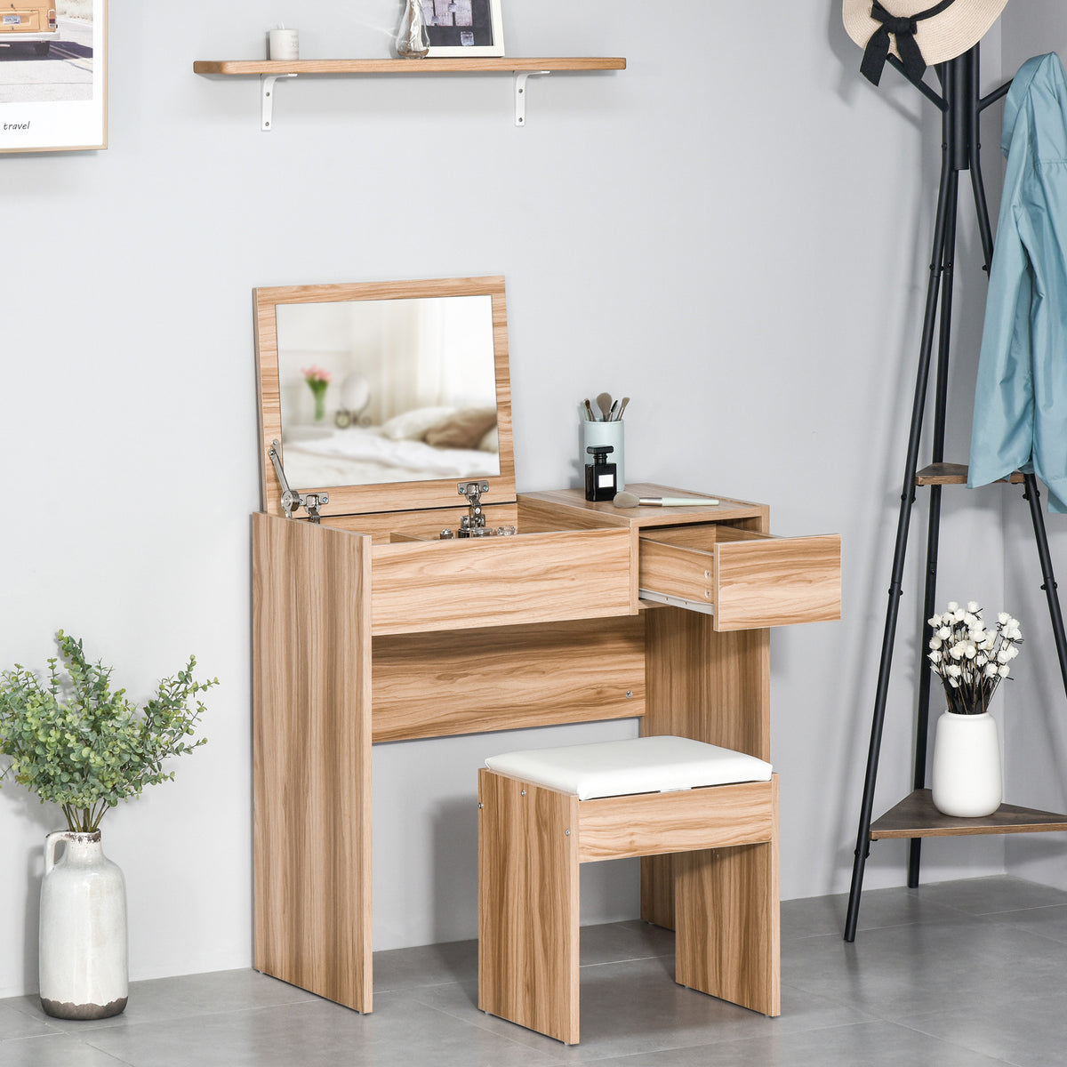 Dressing Table with Flip-Up Mirror and Cushioned Stool, Makeup Vanity Desk with Hidden Compartments and Storage Drawer, Convertible Writing Table for Bedroom, Natural