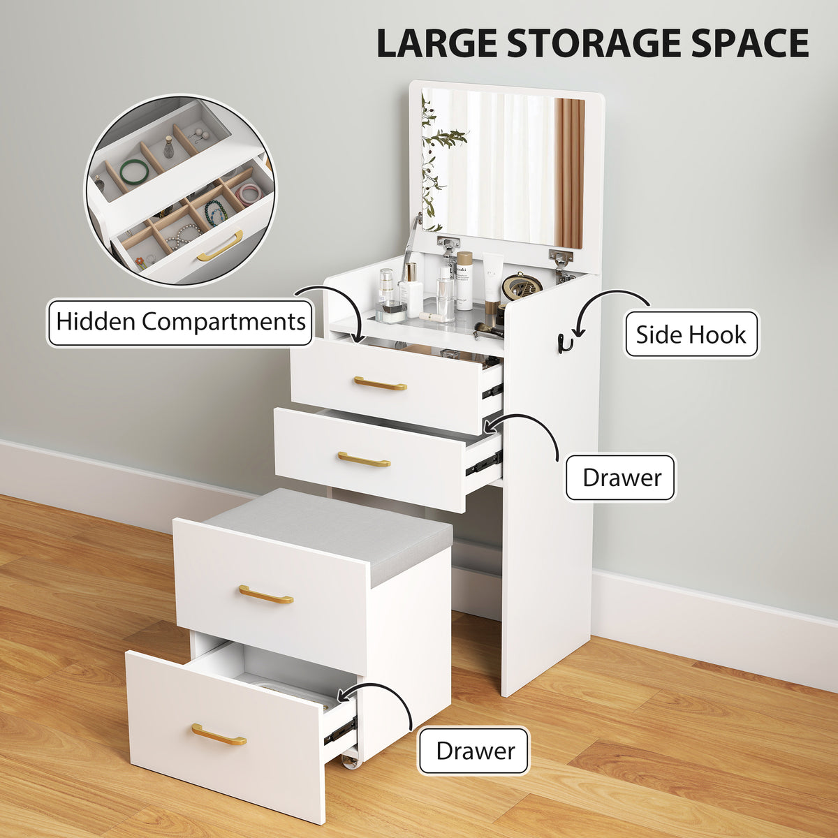 Compact Dressing Table and Stool Set, with Storage - White